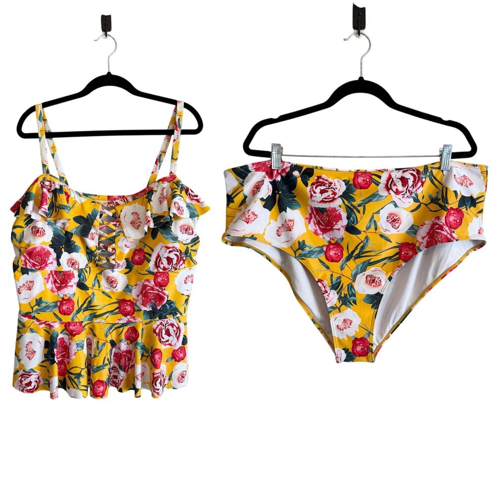 Womens Yellow Floral Print Ruffle High Waist Bikini Set Swimwear 3XL